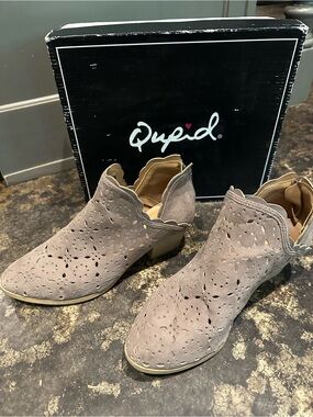 Qupid Taupe Laser-Cut Suede Ankle Booties